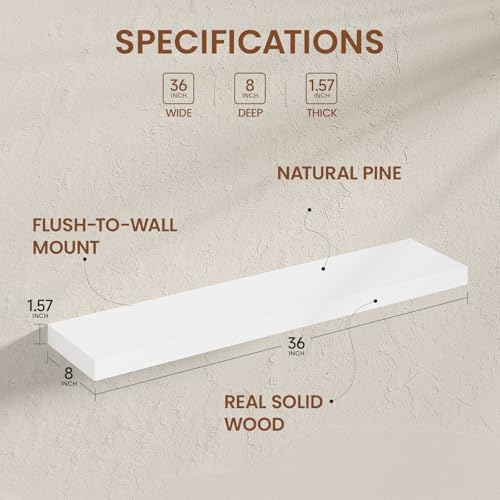 Heimlove Wooden Floating Shelves for Wall, White Pine Shelves Set of 2, 36 in Rustic Wood 8 Inch Deep Floating Shelf with Invisible Brackets for Bedroom Kitchen Living Room - Classic White - color: Classic White, size: 36”Wx8”Dx1.6”H