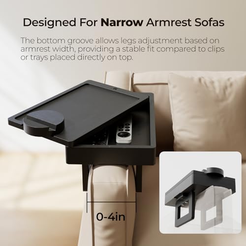 Wealone Mini Black Couch Arm Table for Narrow Armrest, Sofa Arm Tray with Storage Box, Rotating Tabletop & Phone Stand, Adjustable Sofa Arm Table Clip for Snacks or Dining, Width of Armrest 1-7 Inch - color: Black