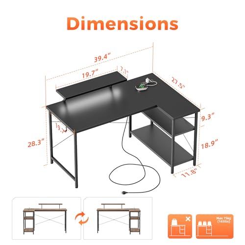Mericonia Small L Shaped Computer Desk with Power Outlets, Reversible Gaming Desk with Storage Shelves & Monitor Stand, Corner Gamer Desk Table, Study Writing Table - color: Black, size: 40 inch