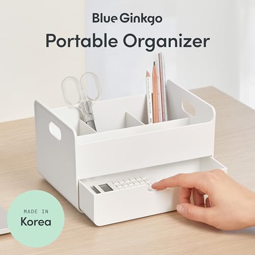 BLUE GINKGO Portable Desk Organizer – Compact 3 Compartment, Half-drawer Storage – Pen Holder, Stationery Desktop Organizer for Office, Makeup, Crafts (Made in Korea, White) - color: WHITE, size: Portable