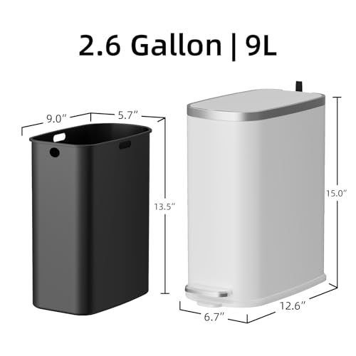 KUK Slim Bathroom Trash Can with Lid Soft Close, Step Pedal, 2.6 Gal/ 10L Stainless Steel Garbage Can with Removable Inner Bucket, Anti-Fingerprint Wastebasket for Office, Bedroom, Toilet (White) - color: Matt White-P2
