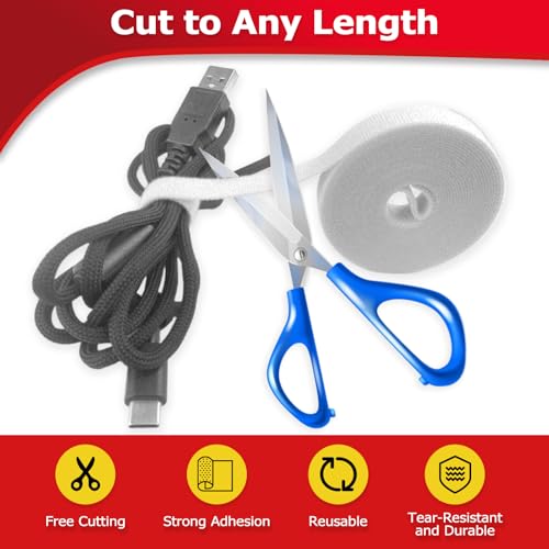 Hook and Loop Tape Roll, 1/2 in 50 FT Reusable Cable Ties, Cut to Length, Double Sided, Self-Gripping Straps, Cord Ties for Office, Home Cable Management (White) - color: White, size: 50ft
