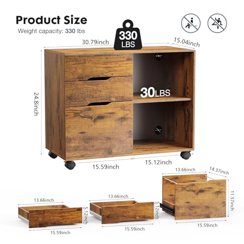 DUMOS Wood File Cabinet with 3 Drawers, Rolling Printer Stand | Under Desk Storage Organizer Home Office Space with Shelves for Files and Office Supplies, Rust - color: Rust Wood