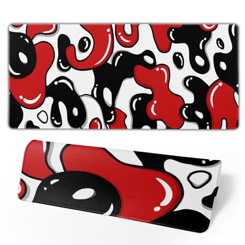 Japanese Anime Geometric Gaming Mouse Pad XL 31.5x11.8 Inch Red Black White Japanese Mouse Mat Desk Mat Extended Large Mousepad With Non-Slip Rubber Base Stitched Edge Mousepad for Work Gaming Desktop - color: Japanese Geometric-Red Black White, size: 31.