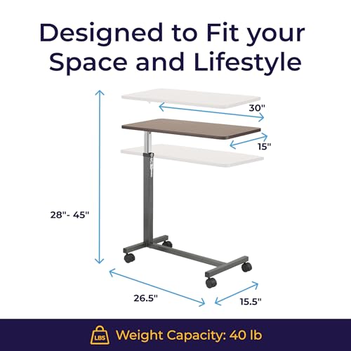Drive Medical Overbed Table with Wheels - Secure Height Adjustment for Comfort - Non Tilt Surface - Smooth Rolling Design - Home & Hospital Use - Woodgrain Laminate Top - Silver Vein - color: Silver Vein