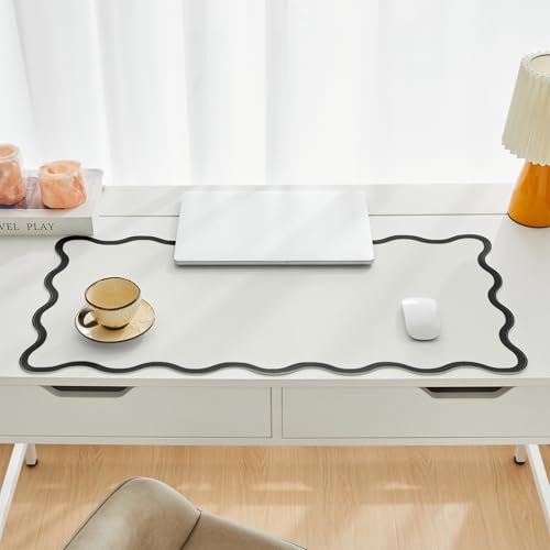 Black White Scalloped Desk Mat, 31.5" x 15.7", PU Leather, Waterproof Anti-Slip, Cute Aesthetic Desk Pad for Office/Home/Game - color: Black