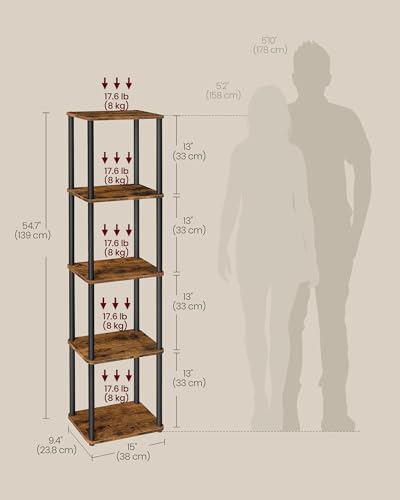 VASAGLE Superfast Toolless Assembly, 5-Tier Shelf for Living Room, Standing Shelf, Bookshelf, Bedroom, Kitchen, 9.4 x 15 x 54.7 Inches, Rustic Brown and Ink Black ULLS135K01 - color: Rustic Brown + Ink Black, size: 5 Tiers (15"W)