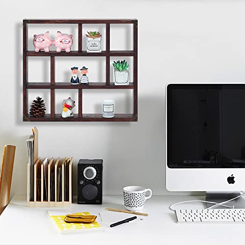 17.7x15.7-Inch Shadow Box Shelf 9-Slot Rustic Floating Shelves Larger Wall Mounted Shelf Lightweight Solid Wood Display Shelf Freestanding Farmhouse(Set of 2,9C-Rustic Walnut) - color: 9c-rustic Walnut, size: 2 PCS