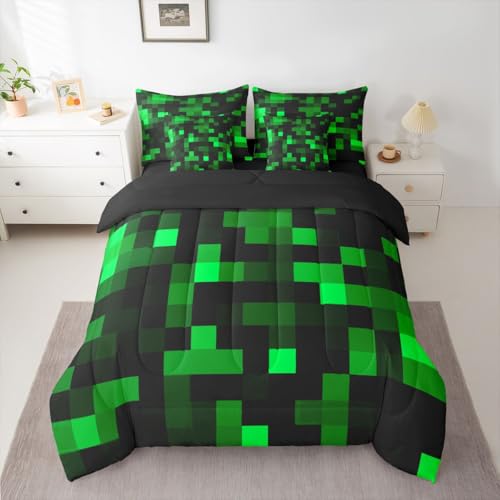 jejeloiu Pixelated Neon Green Black Queen Size Comforter Set with Sheets,Pillowcases & Cushion Cover 7 Piece Bedding Set Super Soft Kids Girls Boys Bedroom Decor Gamepad Grid Bed in a Bag - color: Neon Green Black, size: Queen