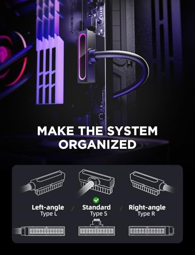AsiaHorse Hydrus-24PIN PC PSU Extension Cable ARGB LED, Copper Wire Motherboard Power Extension Cable Integrated Minimalist Design, 2000W Power (Whole Set), PC Power Cord for Cable Management & DIY - color: Black, size: For MB 24pin-TYPE S(11.8in/30cm)