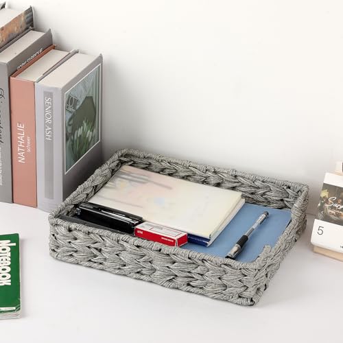 BTSKY Plastic A4 Paper Tray Organizer for Desktop Accessories, Hand-Woven File Holder with Sturdy Frame, All-in-One Storage for Letters, Magazines and Notebooks, Office and Home Supplies, Grey - color: Gray
