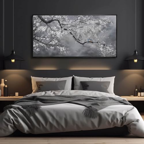 Plum Blossom Wall Art Framed Wall Art Decor Canvas Birds Wall Decorations Bedroom Picture Large Artwork for Living Room Dining Room 24”x48” - color: Grey, size: 24"x48"