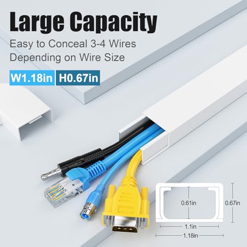 Yecaye Cord Hider, 113in Large Cord Covers for Wires on Wall, Cord Organizer for 3-4 Wires, Easy Install Cable Management Kit, TV Wire Hider for Home Office, W1.18in H0.67in, White - color: White, size: Large