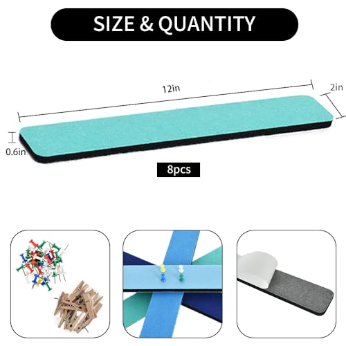 Vuzvuv 8 pcs Bulletin Board Bar Strips with 50 Pushpins & 10 Wooden Clip pins,Self Adhesive Cork Board for Wall,Felt Pin Board for School,Office Decor(Sea Blue) - color: Sea Blue