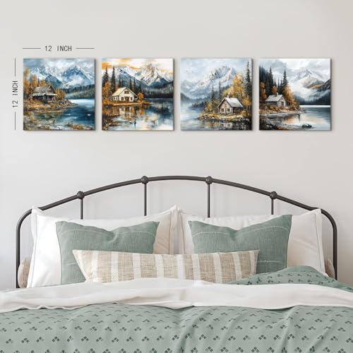 Fall Mountain Wall Art Nature Forest Pictures Lake Wall Decor Autumn Lakeside Cabin Canvas Posters Rustic Farmhouse Landscape Paintings Artwork for Bedroom Living Room Home Decoration 12x12" 4Pcs - color: Fall Mountain, size: 12 x 12 in
