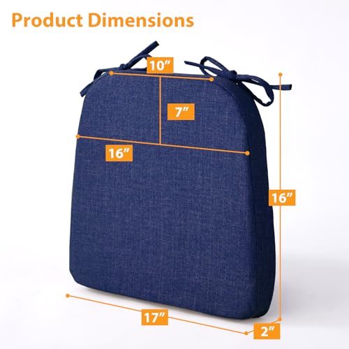 Ruqmuis Chair Cushions for Dining Chairs, 2" Thick Seat Cushions for Kitchen Chairs, D-Shaped Chair Pads with Washable Cover, Ties and Non Slip Backing, 17'' x 16'', Set of 2, Blue - color: Blue, size: 2 Count(Pack of 1)