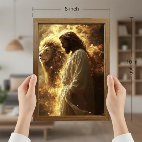 Framed Christian Wall Art, Jesus with Lion Canvas Print in Wooden Frame, Lion of Judah Religious Faith Wall Decor for Living Room Bedroom Prayer Room Church, Ready to Hang, 16x24 - color: huangse, size: 24"L x 16"W
