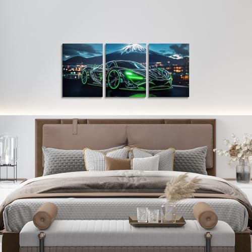 Green Race Car Canvas Wall Art Set of 3 for Boys,3D Emerald Green Racing Car Wall Art for Kids Teen,Cool Speed Cars Decor for Men Adults Extreme Sports Gaming Poster Prints,12x16 - color: Green Black