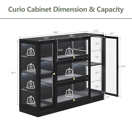 Display Cabinet with Acrylic Glass Doors,Extra Wide Curio Cabinet with LED Lighting for Collectibles, Collectibles Toy Organizers Rack & Display Shelf Display Case, Black - color: Black, size: 56" W x 42" H