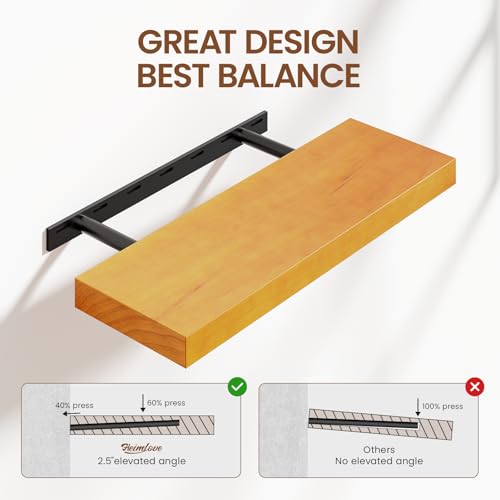 Heimlove Pine Wood Floating Shelves, 8 Inch Deep Real Wood Shelves Set of 2, Wall Mounted Rustic Wood 24x8 Floating Shelf with Invisible Brackets for Bedroom Kitchen Living Room - Honey Oak - color: Honey Oak, size: 24”Wx8”Dx1.6”H