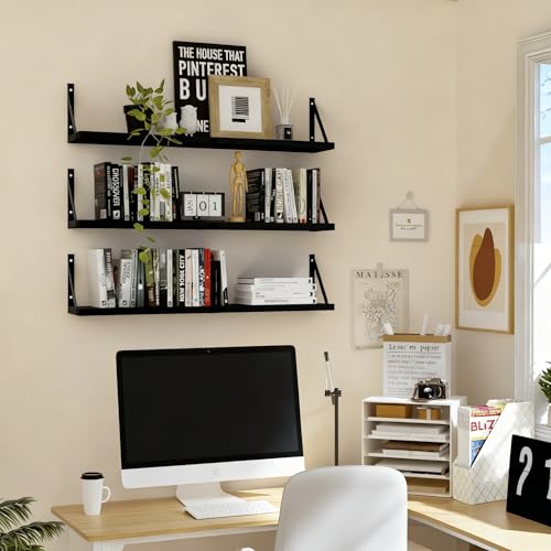 Floating Book Shelves Set of 3, Wall Bookshelf, 33 inch Long Wood Shelf for Wall Storage, Hanging Shelving for Bedroom, Bathroom, Living Room, Kitchen, Office and Plants (Black) - color: Black, size: 32.8Lx6W
