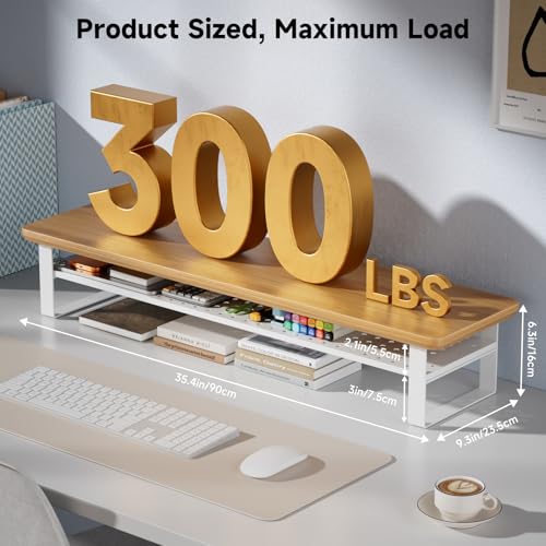 Dual Monitor Stand, 35.4 Inch Monitor Stand Riser for 2 Monitors, 2 Tiers Wood Desk Shelf with Storage, Desktop Organizer Stand for Computer, Laptop, Printer, TV - color: Cherry Wood, size: 35.4in