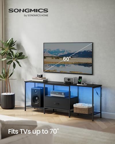 SONGMICS BELLAH Collection - TV Stand for TVs Up to 70 Inches, Media Console Table and Entertainment Center Unit for Living Room, with Shelves and Drawer, Steel, Modern, Ink Black ULGS131B101S - color: Ink Black, size: 13.8"D x 61.8"W x 23.6"H