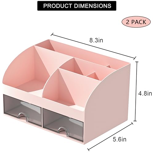 COMFYROOM Desk Organizer with 6 Compartments and 2 Drawers, Plastic Makeup Organizer, Pen Holder for Desktop Storage, Desk Organization for School, Home, Office Supplies Pink-2Pack - color: Pink-2Pack