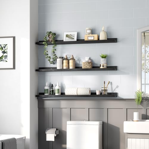 HOOBRO Floating Shelves, Wall Shelf Set of 3, 35.4 Inches Hanging Shelf with Raised Edge and Invisible Brackets, for Bathroom, Bedroom, Kitchen, Office, Living Room Decor, Black BK90BJ01 - color: Black, size: 35.4 Inches