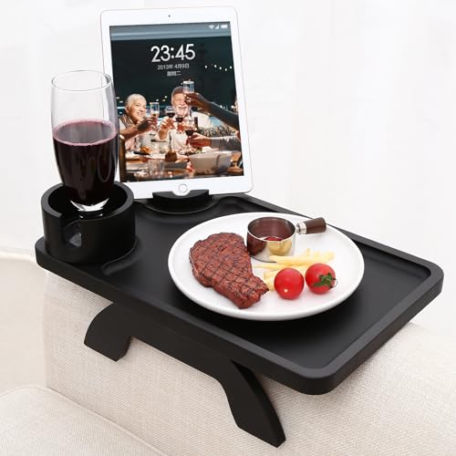 Nnewvante Couch Cup Holder,3 in 1 Large 15.36"x9.85" Bamboo Couch Arm Table Sofa Arm Clip on TV Tray Table with 360°Rotated Phone/Cup Holder, Black - color: Black