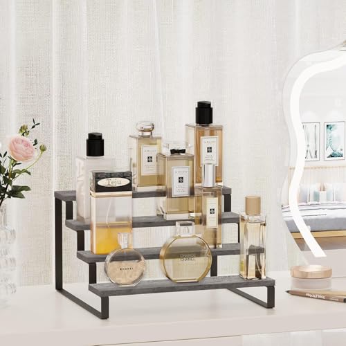 YINMIT Wooden Display Riser Stand, Tiered Perfume and Cologne Organizer Stand, 4 Tier Spice Rack Organizer, Rustic Display Shelf for Candles (4 Tier,Grey) - color: 4 Tier,Grey