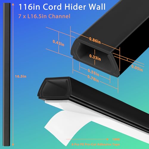 Wall Cable Hider Kit, 116in TV Wire Hider for Wall, Paintable Cord Hider Wall, Cord Organizer Hide 1-2 Cords Wall Mounted TV, Wire Cover for Wall, Cord Concealer 7XL16.5 W0.86 H0.43in, Black - color: Black, size: Small-116in