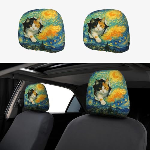 Funny Cat Print Headrest Covers for Cars Starry Night Auto Head Rest Cover 2pc - color: Van Gogh Cat