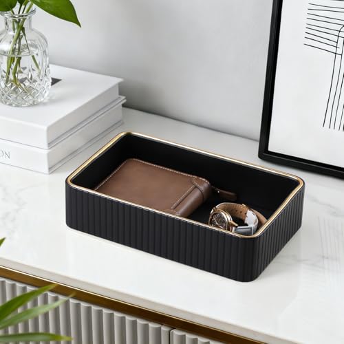 Desk Organizer Tray, PU Leather Nightstand Organizer Perfume Valet Tray for Men Women, Decorative Vanity Trays Trinket Dish Key Bowl for Entryway Bedside Table (Black, Small) - color: Black, Small