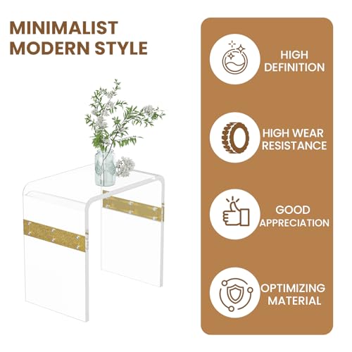 Dethan Clear Acrylic Accent Table, 16.3" x 12.0" x 18.1" U-Shape Modern Lucite End Table for Living Room and Bedroom Home Décor, (Gloden)