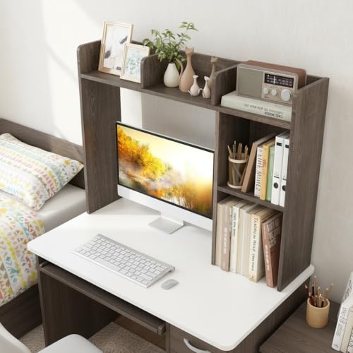 Tangkula Desktop Bookshelf, Countertop Storage Hutch with Shelves for Computer Desk, Desk 3-Tier Display Rack, Multipurpose Wood Desktop Hutch Storage Organizer for Dorm Office - color: Grey, size: 5 Shelves