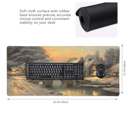 XXL Gaming Mouse Pad 35.4x15.7 inch, Christmas Art Rustic Landscape Theme Desk Mat, River Village Oil Painting Scene Large Mousepad,Fantasy Artistic Keyboard Mouse Mat (Northern Snowscape) - color: Northern Snowscape