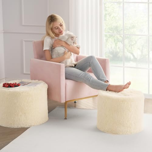 Hansleep Round Pouf Ottoman Foot Rest, Footstool | High-Density One-Piece Foam, Firm & Stable, for Couch, Bedroom, Living Room, Machine Washable Cover - color: Beige, size: 17"D x 17"W x 14"H