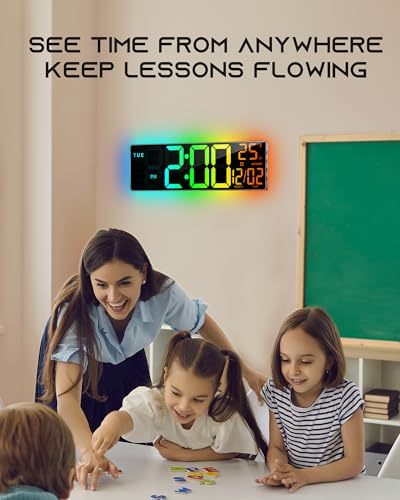 EASYERA 16.5" Large Digital Wall Clock with BT Sync, RGB Lights with 11 Scenes Mode Remote Control, Dual Alarms with Big LED Display, Auto DST, Temperature for Classroom Gaming - color: Black