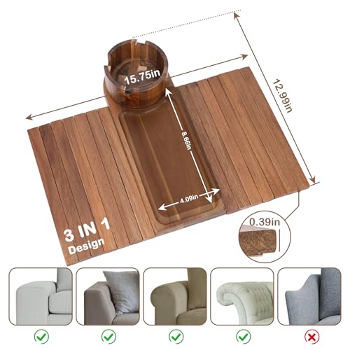 Couch Cup Holder for Armrests Over 4.9" Wide, Acacia Wood Couch Arm Tray with 360° Rotating Cup Holder, 3 in 1 Foldable Sofa Arm Tray Table for Remote, Snacks, Phone, Drinks - color: Acacia Wood