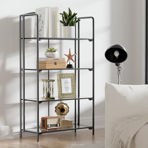 Crofy 4-Tier Wider Foldable Bookshelf, Black Frame & Transparent Shelves | No-Assembly Collapsible Portable Storage Organizer; Sturdy Transparent Shelves; Ideal for Living Room & Home Office - color: Black Frame & Transparent Shelf, size: 4 Tier Wider