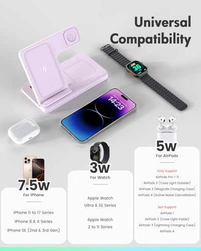 Wireless Charger Stand Charging Station: 3 in 1 Charger Multiple Devices for Apple iPhone 17 16e 16 15 14 Pro Max 13 12 11 for Watch 11 10 9 8 7 6 5 4 3 2 SE and Ultra & Airpods Series, Light Violet - color: Light Violet
