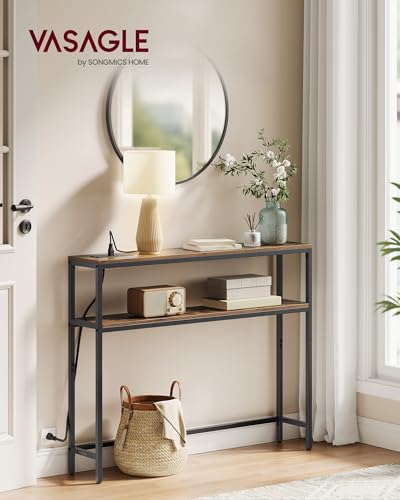 VASAGLE Console Table with Power Outlet, 2-Tier Narrow Sofa Table with 2 Shelves, 7.9 x 39.4 x 31.5 Inches, for Living Room, Hallway, Entryway, Rustic Brown and Ink Black ULNT136K01 - color: Rustic Brown + Ink Black, size: 39.4"W - With Power Outlet