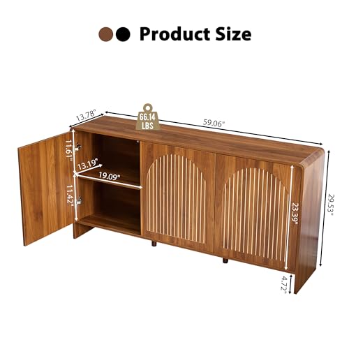 59" Long Buffet Cabinet with Storage, 3 Door Sideboard Kitchen Cabinet with Adjustable Shelf, Wood TV Stand Console Table for Living Room, Arched Accent Sorage for Coffee Bar (3 Doors - Walnut)