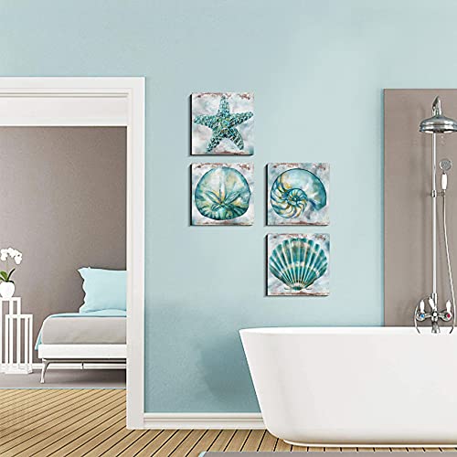 Farmhouse Seashell Bathroom Decor Teal Blue Beach Starfish Wall Art Rustic Coastal Artwork for Walls Modern Canvas Prints Watercolor Aqua Sea Conch Shells Pictures Bedroom Kitchen Decoration 12x12" 4P - color: Teal Conch, size: 12x12in