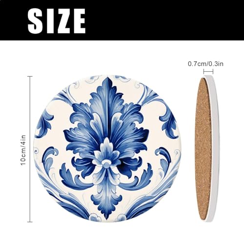 Ceramic Drinking Coasters Set of 4,Water Absorbent Marble Ceramic Coasters Tabletop Protection,Blue Watercolor Texture Elements China Flower,Suitable for Various Cups,Home Decor,4 Inch