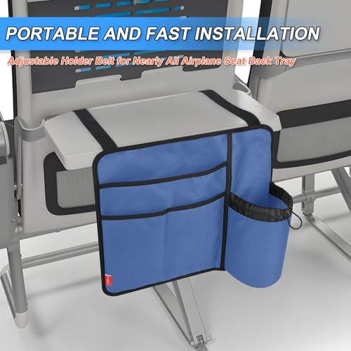 Airplane Seat Back Organizer & Storage, Airplane Tray Table Cover for Personal Items, Airline Seat Hanging Pockets Media Pouch,Reusable Travel Essentials,Fits Tablets,Cell Phone,Water Bottle (Blue) - color: Blue