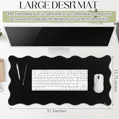 Hahafelt Scalloped Desk Mat Large Desk Pad Cute Coquette Table Mat Back to School Preppy Table Make up Pad Nonslip Graduation Gift with Stitching Waterproof Gaming(Black,23.6 x 13.8 Inches) - color: Black, size: 23.6 x 13.8 Inches