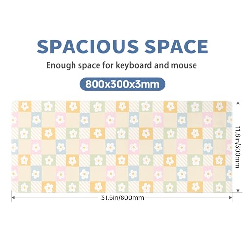Cute Checkered Mouse Pad Large Desk Mat Extended Keyboard XL Mouse Pad Kawaii Mousepad with Non-Slip Base and Stitched Edge Daisy Mouse Mat Desk Pad 31.5 x 11.8 in Mouse Pads for Desk Home Office - color: Colorful Daisy Checkered