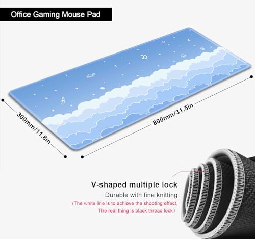 Cute Pastel Blue Desk Mat, Minimalist Large Gaming Mouse Pad Mousepad for Laplop, Kawaii Anime Desk Pad, Gradient White Clouds Computer Pads, Aesthetic Stars Moon Deskpad, 31.5 X 11.8 Inch - color: Gradient Clouds